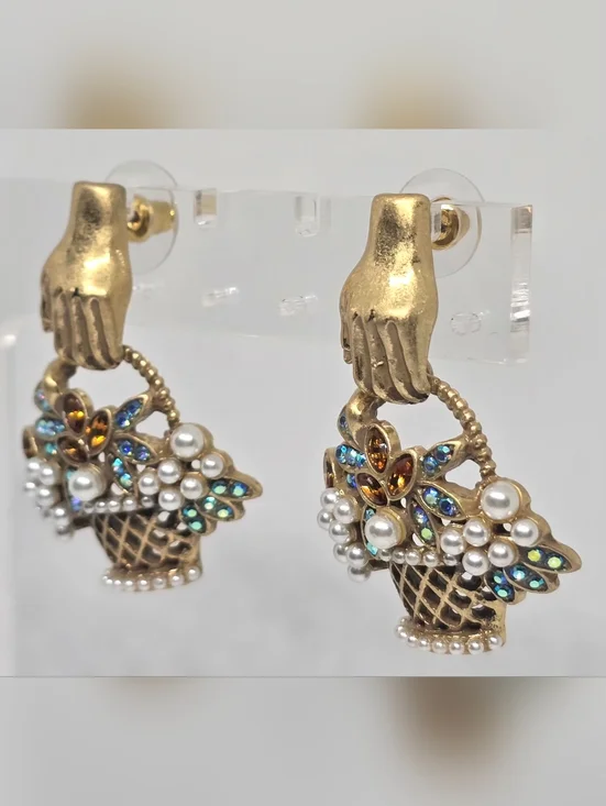 Vintage Style Gold Basket Pearl and Multistone Drop Earrings - Picture 5 of 7